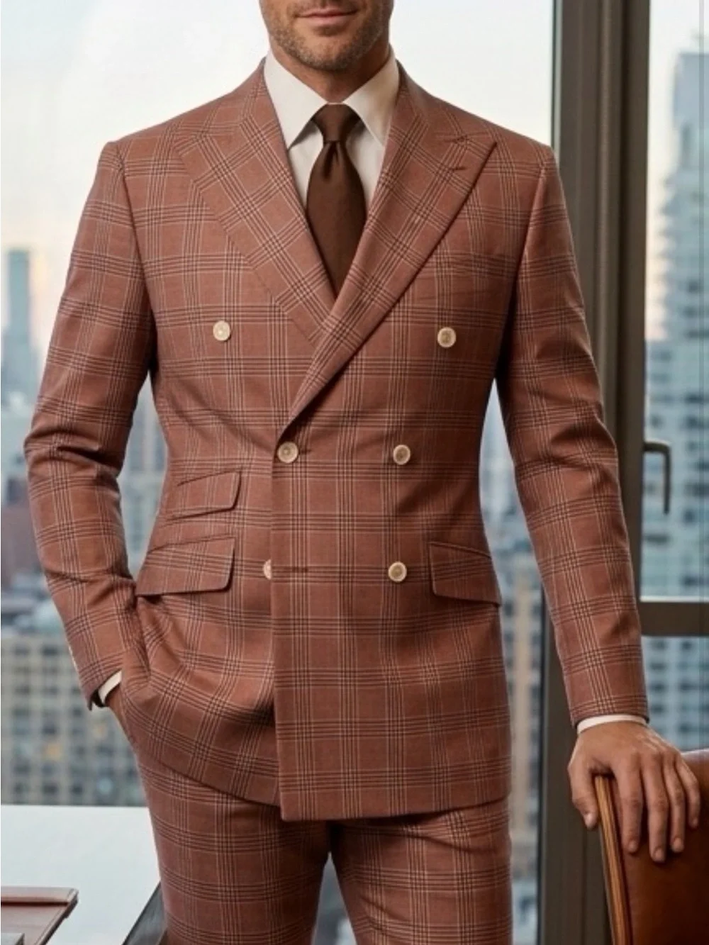 Pink and brown Double-Breasted Plaid Men's super 150 wool Suit  Made in Italy